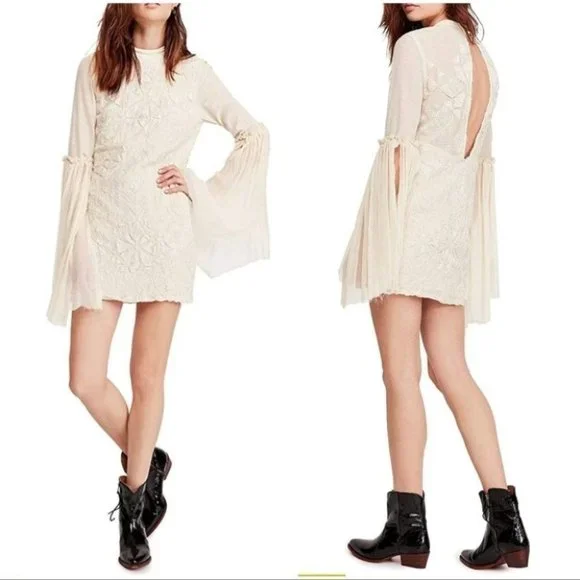 Free People Cleo Embroidered Bell Sleeve High Neck Mini Dress - Picture 6 of 7